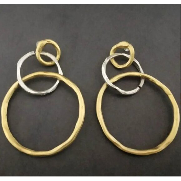 Vintage Bohemian Style 18K Golden Plated Two Tone Hollow Circle Hoops - Picture 2 of 3